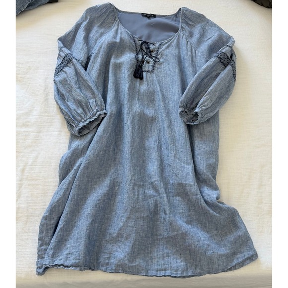 Sanctuary Chambray Blue 100% Linen Embroidered Lace Up Tassel Midi Dress Size 3X - Picture 11 of 11